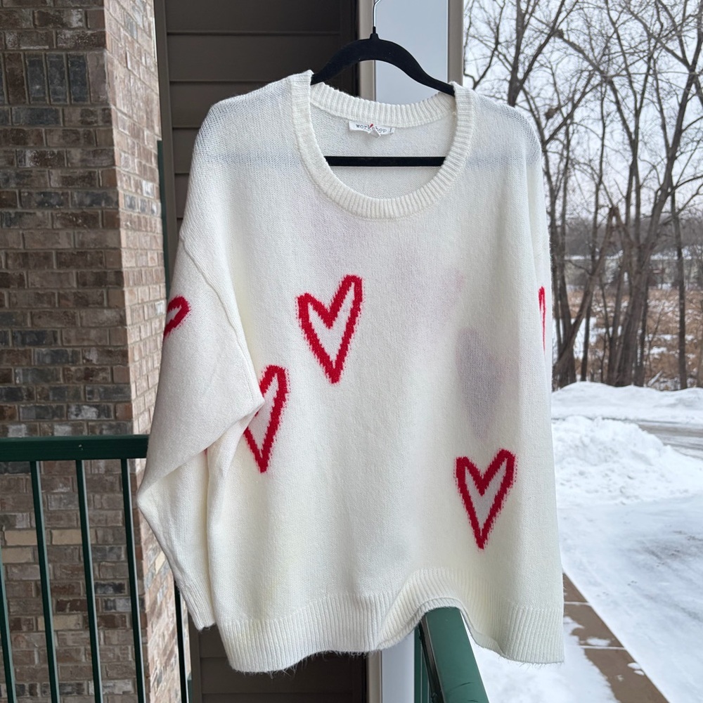 🆕♥️ Workshop Republic White Heart Knit Sweater Oversized Red Heart Print 3X Look - Picture 5 of 17